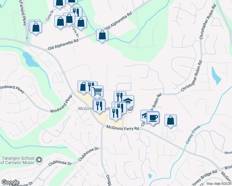 map of restaurants, bars, coffee shops, grocery stores, and more near 5225 Donehoo Court in Alpharetta