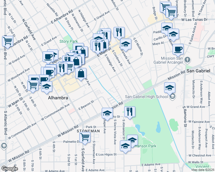 map of restaurants, bars, coffee shops, grocery stores, and more near 317 South Almansor Street in Alhambra