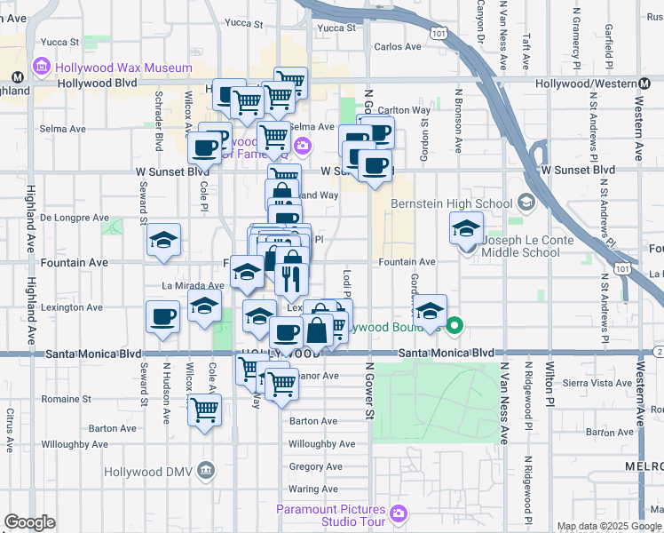 map of restaurants, bars, coffee shops, grocery stores, and more near 6154 Fountain Avenue in Los Angeles