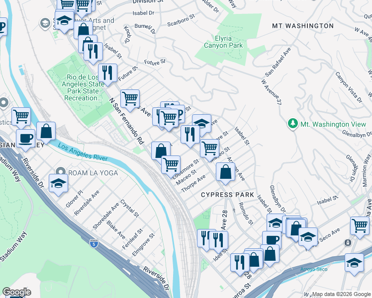 map of restaurants, bars, coffee shops, grocery stores, and more near 2664 1/2 Roseview Avenue in Los Angeles