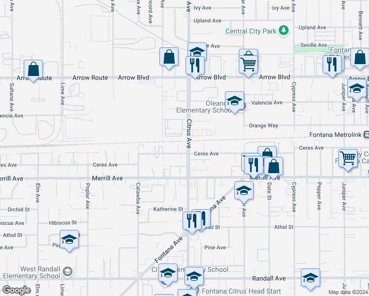 map of restaurants, bars, coffee shops, grocery stores, and more near 8788 Citrus Avenue in Fontana