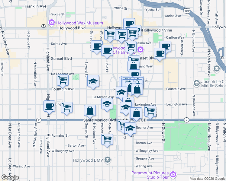map of restaurants, bars, coffee shops, grocery stores, and more near in Los Angeles