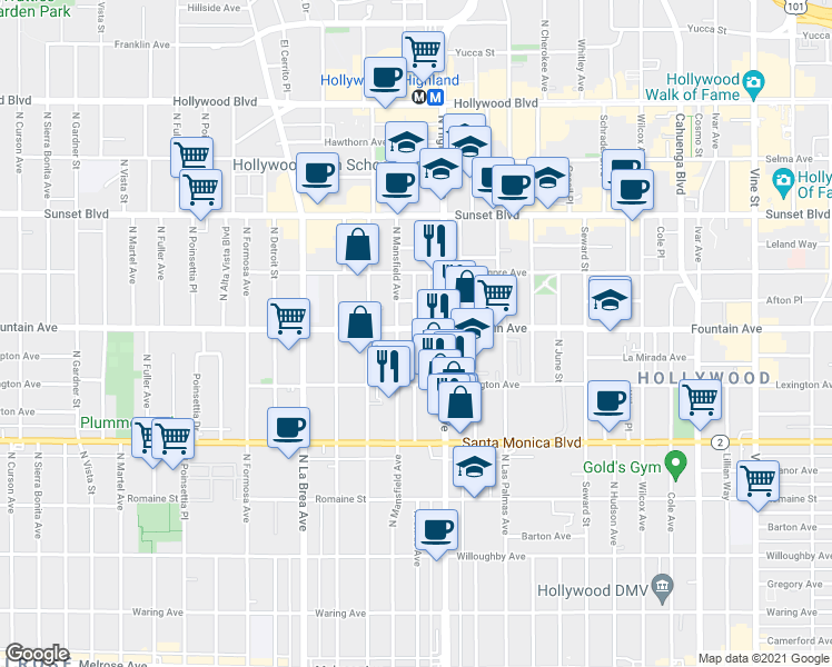 map of restaurants, bars, coffee shops, grocery stores, and more near 1259 North Citrus Avenue in Los Angeles