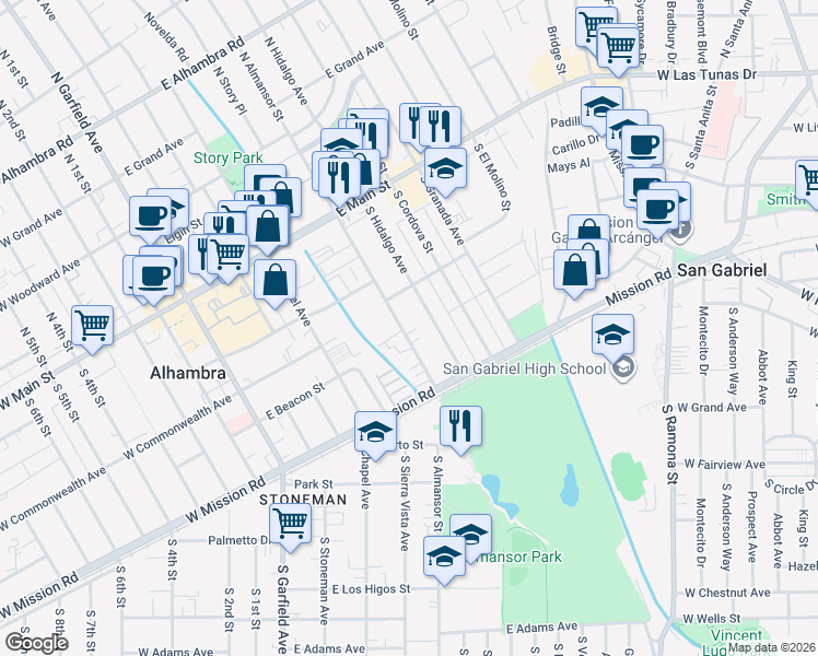 map of restaurants, bars, coffee shops, grocery stores, and more near 330 South Almansor Street in Alhambra
