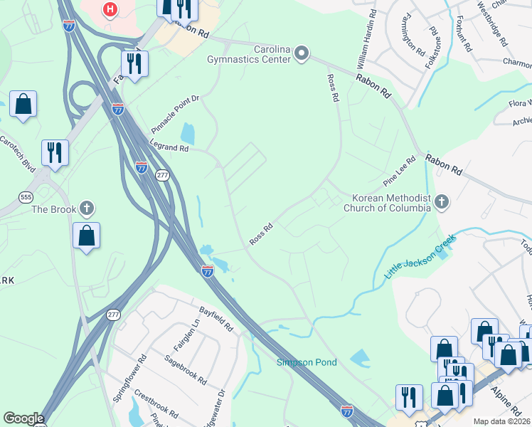 map of restaurants, bars, coffee shops, grocery stores, and more near 627 Ross Road in Columbia