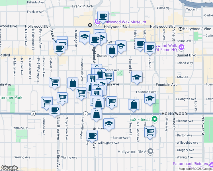 map of restaurants, bars, coffee shops, grocery stores, and more near 1231 North Las Palmas Avenue in Los Angeles