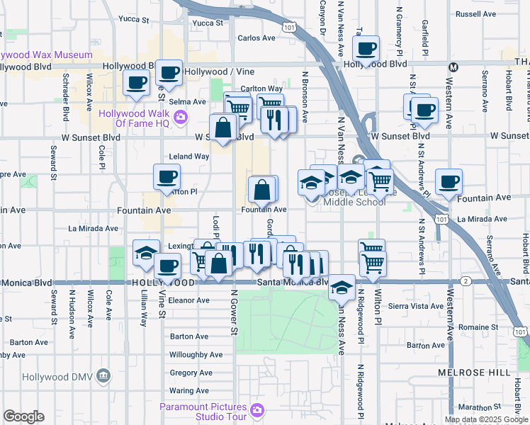 map of restaurants, bars, coffee shops, grocery stores, and more near 1228 Gordon Street in Los Angeles