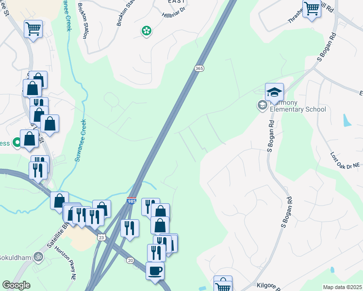 map of restaurants, bars, coffee shops, grocery stores, and more near 2107 East Maddox Road in Buford