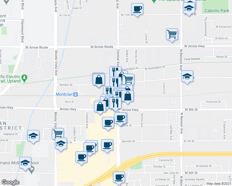 map of restaurants, bars, coffee shops, grocery stores, and more near 8790 Central Avenue in Montclair