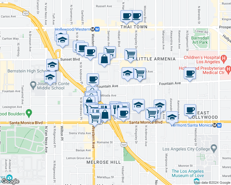 map of restaurants, bars, coffee shops, grocery stores, and more near 5345 La Mirada Avenue in Los Angeles