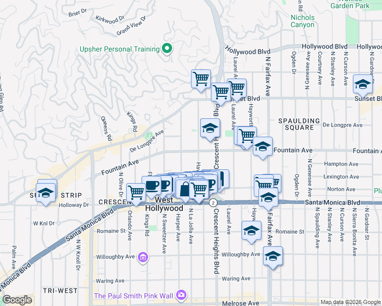 map of restaurants, bars, coffee shops, grocery stores, and more near 8210 Fountain Avenue in West Hollywood