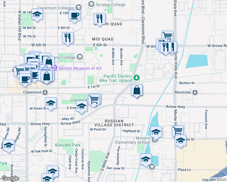 map of restaurants, bars, coffee shops, grocery stores, and more near 101 North Mills Avenue in Claremont