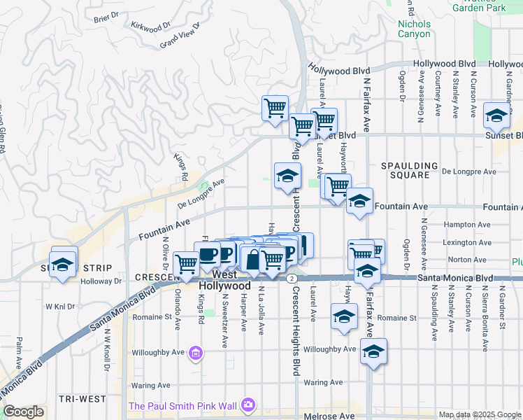 map of restaurants, bars, coffee shops, grocery stores, and more near 8210 Fountain Avenue in West Hollywood