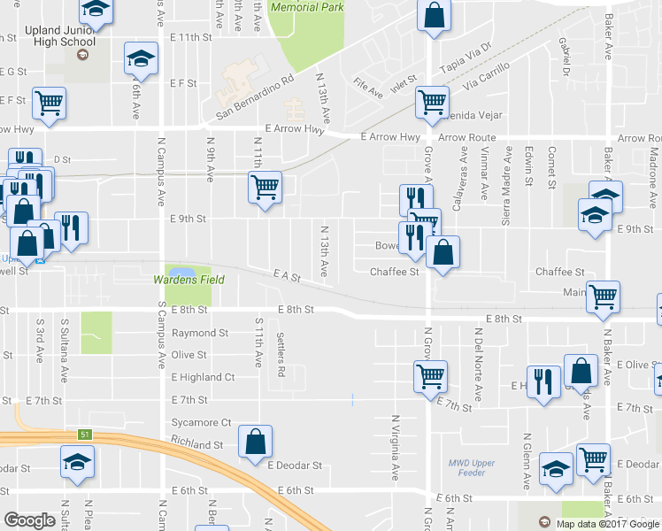 map of restaurants, bars, coffee shops, grocery stores, and more near 120 North 13th Avenue in Upland