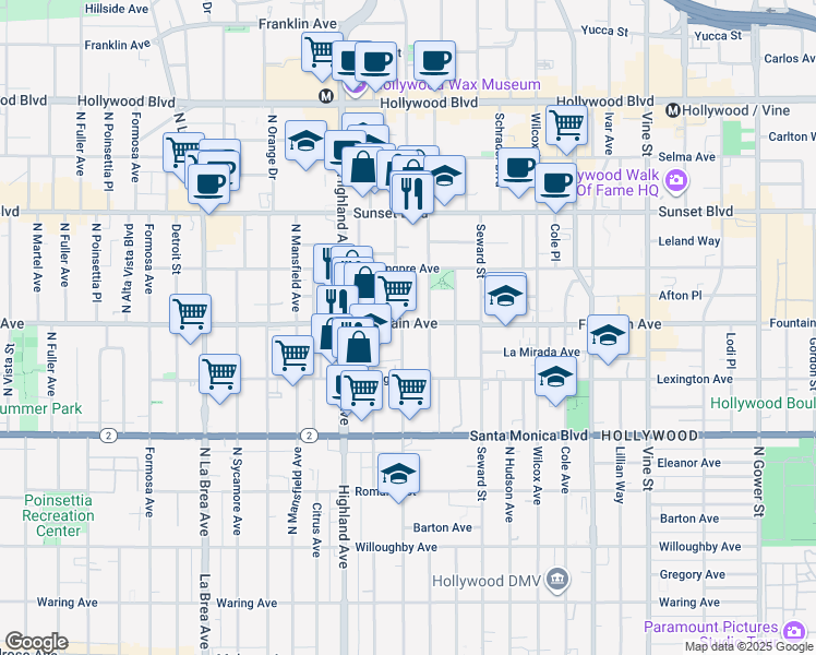 map of restaurants, bars, coffee shops, grocery stores, and more near 1260 North Las Palmas Avenue in Los Angeles