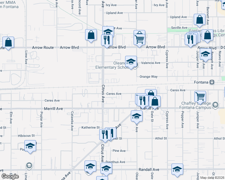 map of restaurants, bars, coffee shops, grocery stores, and more near 16158 Ceres Avenue in Fontana