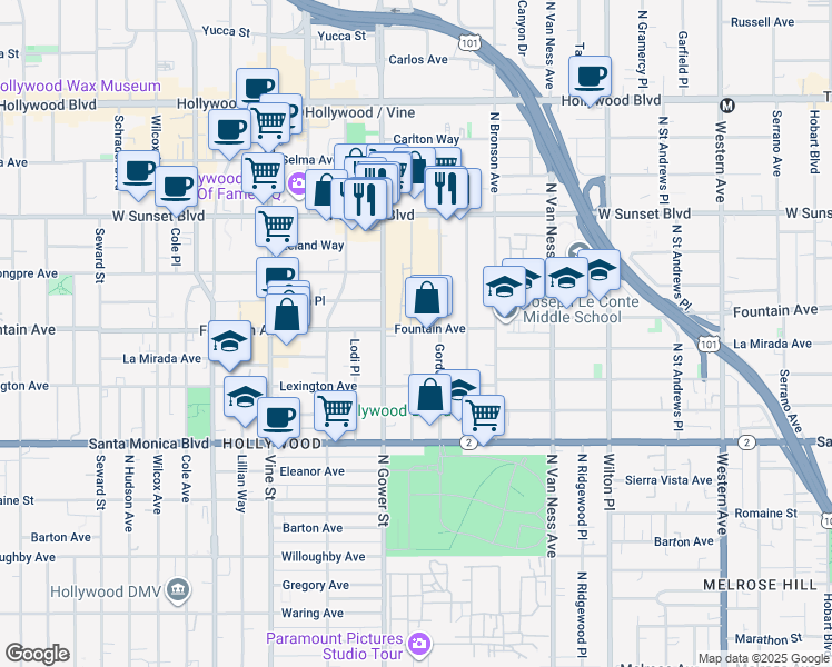 map of restaurants, bars, coffee shops, grocery stores, and more near 1260 North Beachwood Drive in Los Angeles