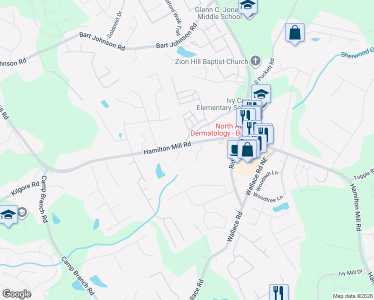 map of restaurants, bars, coffee shops, grocery stores, and more near 3421 Tea Olive Drive in Buford