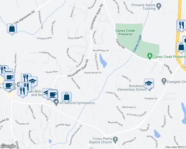 map of restaurants, bars, coffee shops, grocery stores, and more near 3110 Rocky Brook Drive in Alpharetta