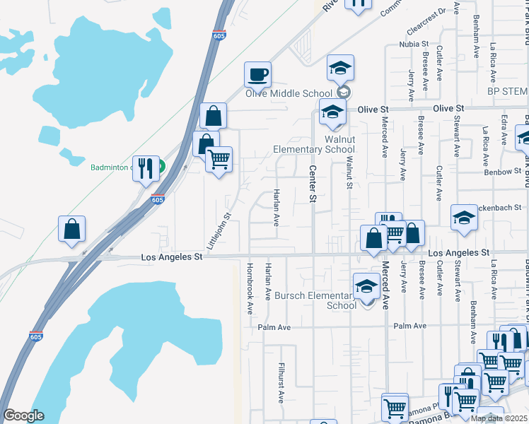 map of restaurants, bars, coffee shops, grocery stores, and more near 13318 Rockenbach Street in Baldwin Park