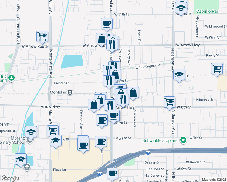 map of restaurants, bars, coffee shops, grocery stores, and more near 6 North Central Avenue in Upland