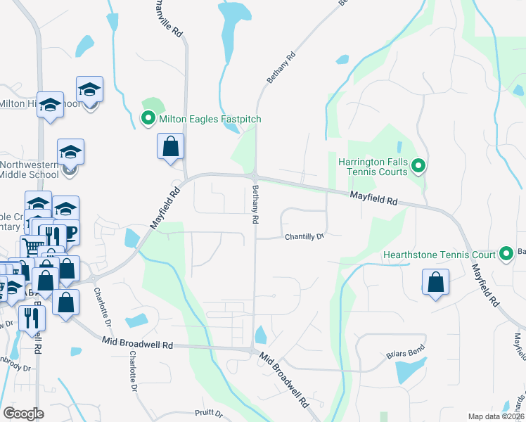 map of restaurants, bars, coffee shops, grocery stores, and more near 12795 Bethany Road in Alpharetta