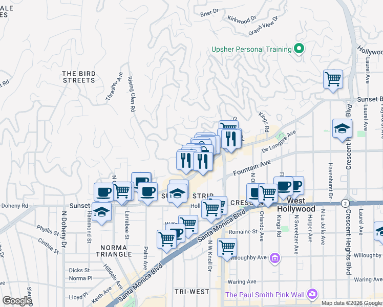 map of restaurants, bars, coffee shops, grocery stores, and more near 1335 Londonderry Place in Los Angeles