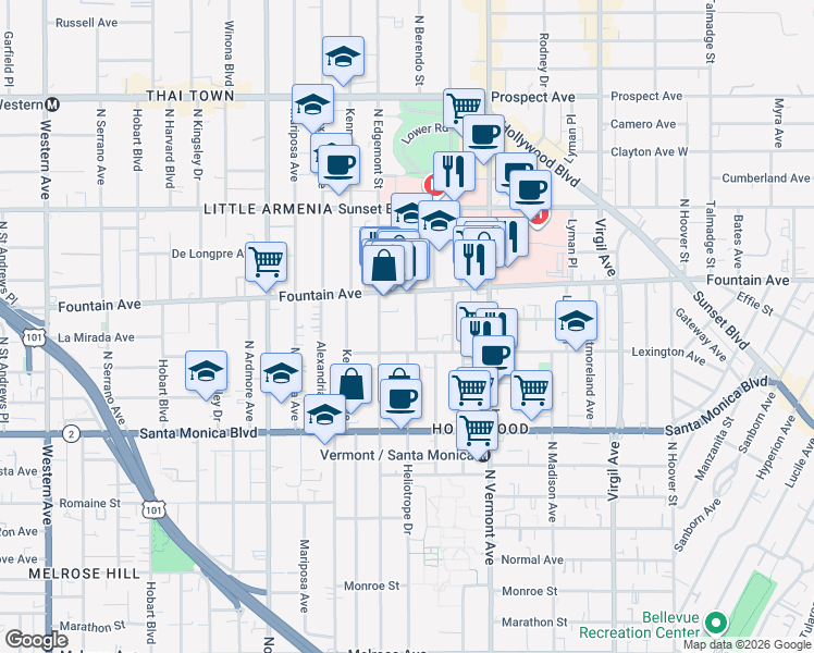 map of restaurants, bars, coffee shops, grocery stores, and more near 1227 North Berendo Street in Los Angeles