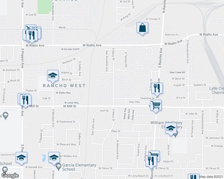map of restaurants, bars, coffee shops, grocery stores, and more near 365 South Macy Street in San Bernardino