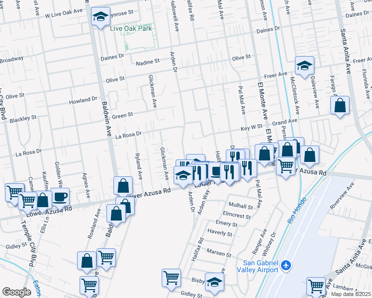 map of restaurants, bars, coffee shops, grocery stores, and more near 4930 Arden Drive in Temple City
