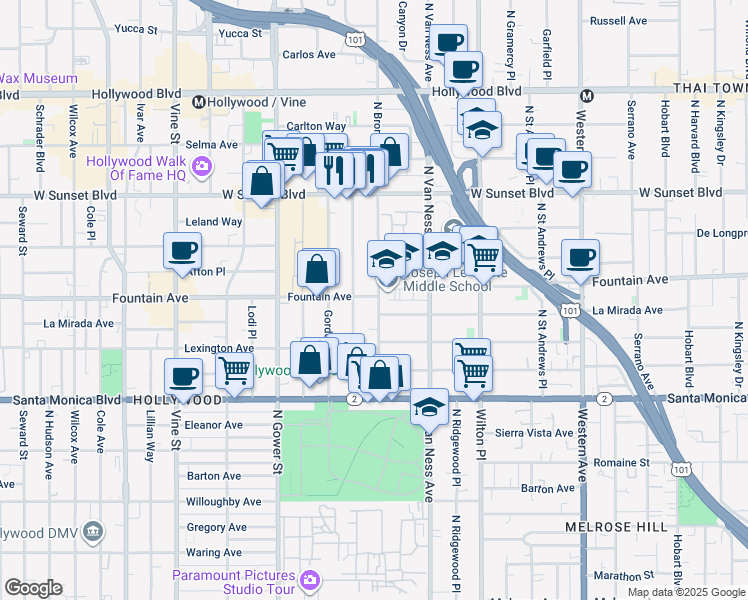 map of restaurants, bars, coffee shops, grocery stores, and more near 1263 North Bronson Avenue in Los Angeles