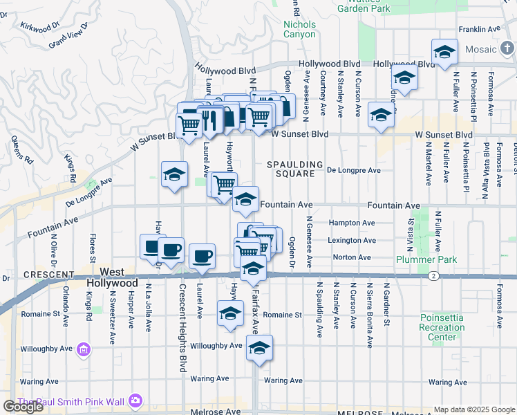 map of restaurants, bars, coffee shops, grocery stores, and more near 1319 North Fairfax Avenue in West Hollywood