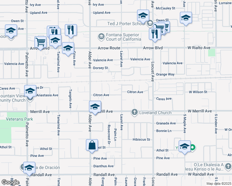 map of restaurants, bars, coffee shops, grocery stores, and more near 17864 Citron Avenue in Fontana