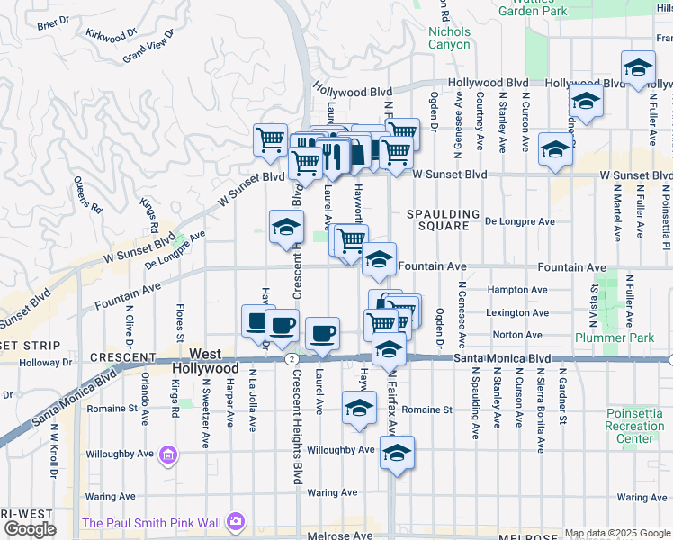 map of restaurants, bars, coffee shops, grocery stores, and more near 1280 North Laurel Avenue in West Hollywood