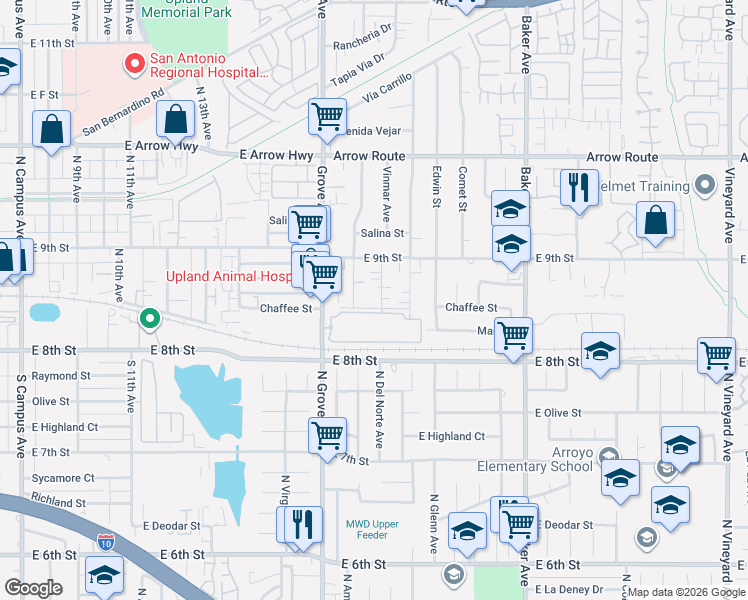 map of restaurants, bars, coffee shops, grocery stores, and more near 8753 Calaveras Avenue in Rancho Cucamonga
