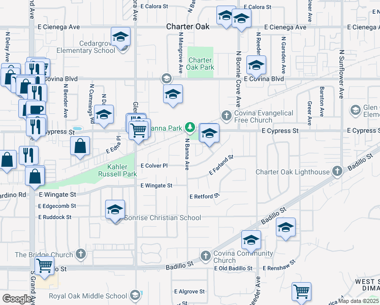 map of restaurants, bars, coffee shops, grocery stores, and more near 790 North Banna Avenue in Covina