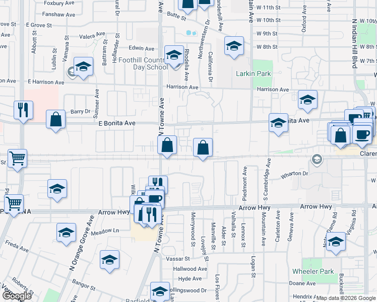 map of restaurants, bars, coffee shops, grocery stores, and more near 2710 Valor Lane in Pomona