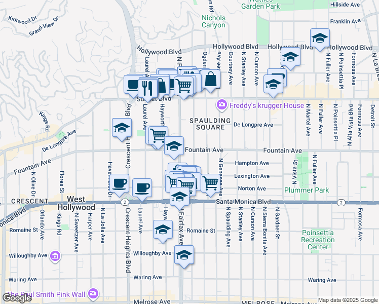 map of restaurants, bars, coffee shops, grocery stores, and more near 1317 North Orange Grove Avenue in West Hollywood