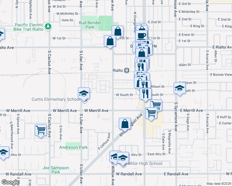 map of restaurants, bars, coffee shops, grocery stores, and more near 280 West South Street in Rialto