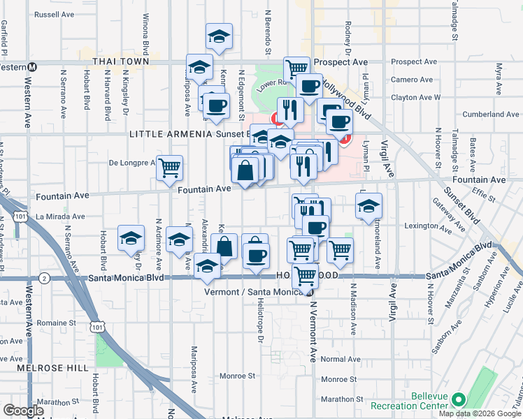 map of restaurants, bars, coffee shops, grocery stores, and more near 1227 North Berendo Street in Los Angeles