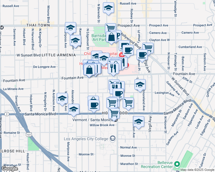 map of restaurants, bars, coffee shops, grocery stores, and more near 1229 North New Hampshire Avenue in Los Angeles