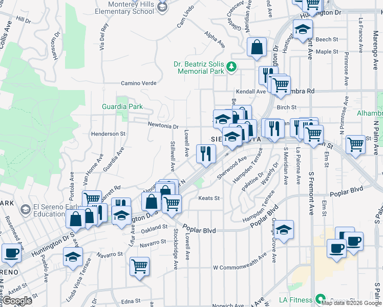 map of restaurants, bars, coffee shops, grocery stores, and more near 4310 Lowell Avenue in Los Angeles