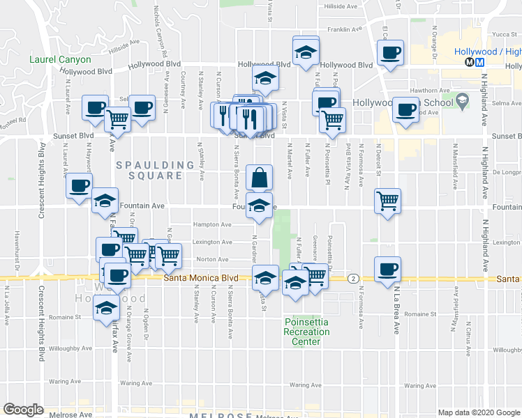 map of restaurants, bars, coffee shops, grocery stores, and more near 7410 Fountain Avenue in Los Angeles