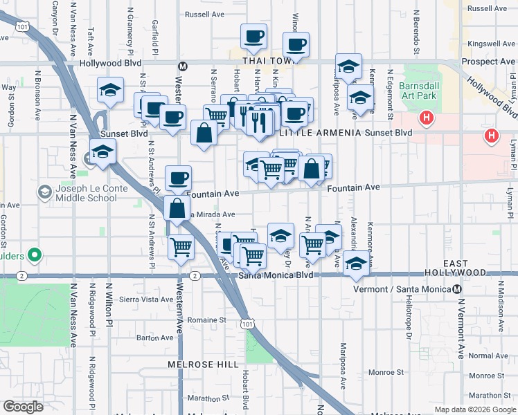 map of restaurants, bars, coffee shops, grocery stores, and more near 5310 Fountain Avenue in Los Angeles