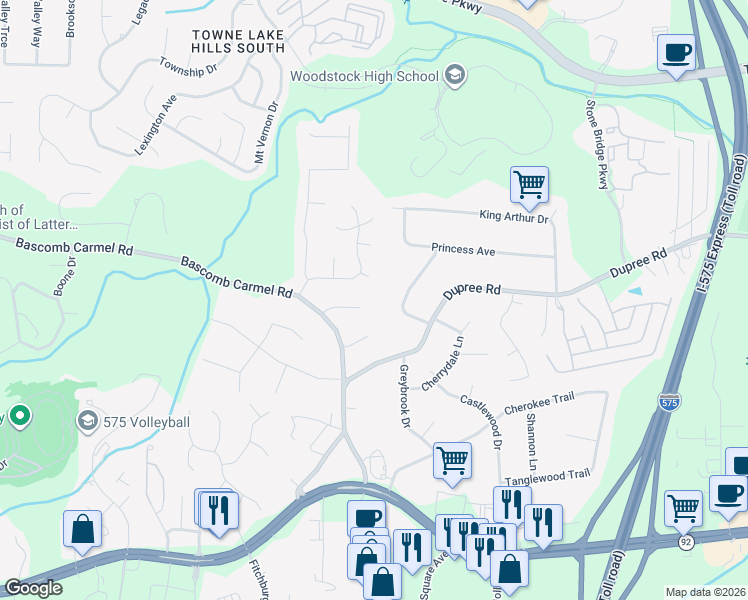 map of restaurants, bars, coffee shops, grocery stores, and more near 211 Bascomb Springs Court in Woodstock