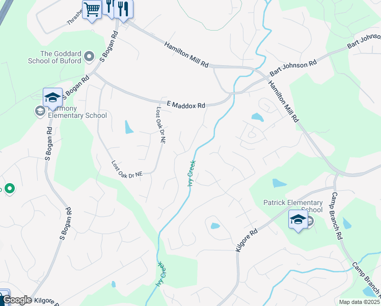 map of restaurants, bars, coffee shops, grocery stores, and more near 3705 Rolling Creek Drive Northeast in Buford