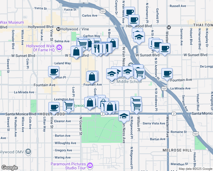 map of restaurants, bars, coffee shops, grocery stores, and more near 5912 Fountain Avenue in Los Angeles