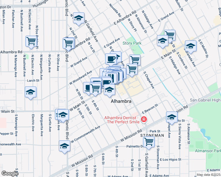 map of restaurants, bars, coffee shops, grocery stores, and more near 10 North 1st Street in Alhambra