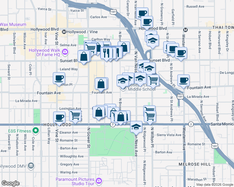 map of restaurants, bars, coffee shops, grocery stores, and more near 5912 Fountain Avenue in Los Angeles