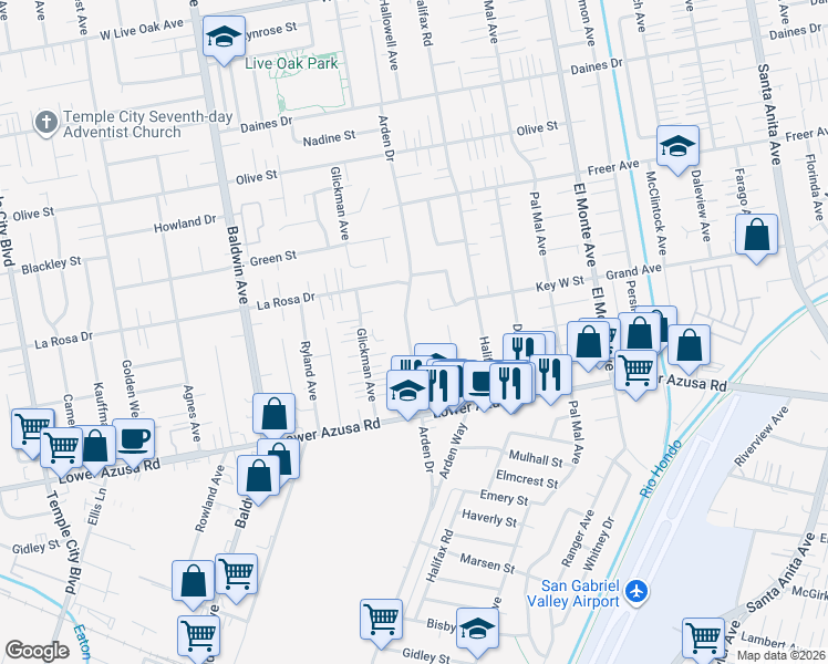 map of restaurants, bars, coffee shops, grocery stores, and more near 4930 Arden Drive in Temple City